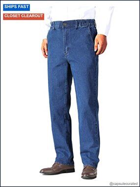 Men's Relaxed Fit Elastic Waist Jeans with Zipper and Button